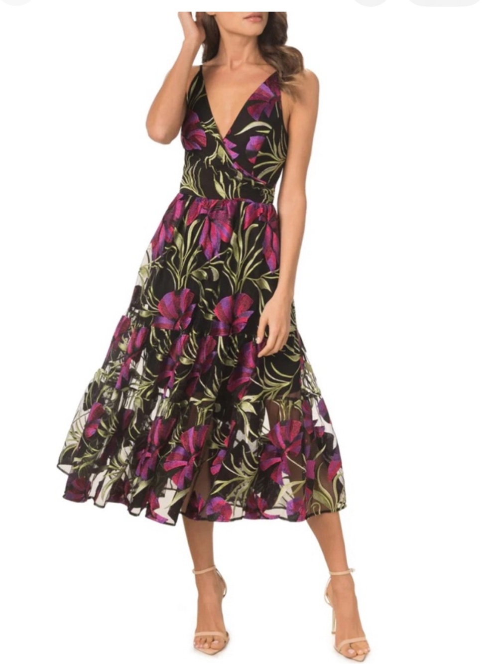 Dress the Population Floral Tiered Midi Dress in Black and Magent $398